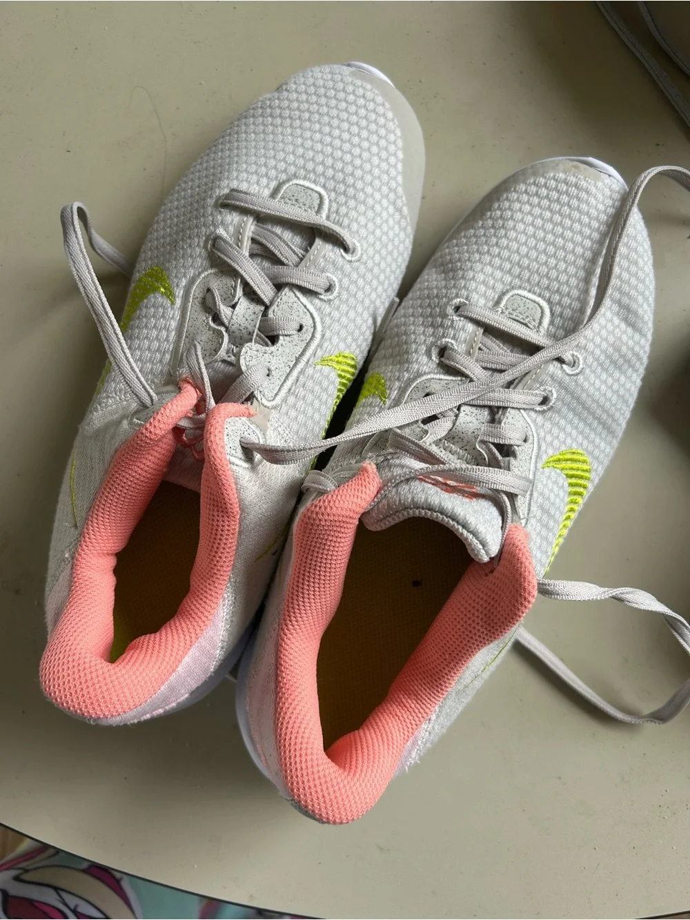 Nike Kids White Mesh Sneakers with Pink Collar and Neon Yellow Swoosh
